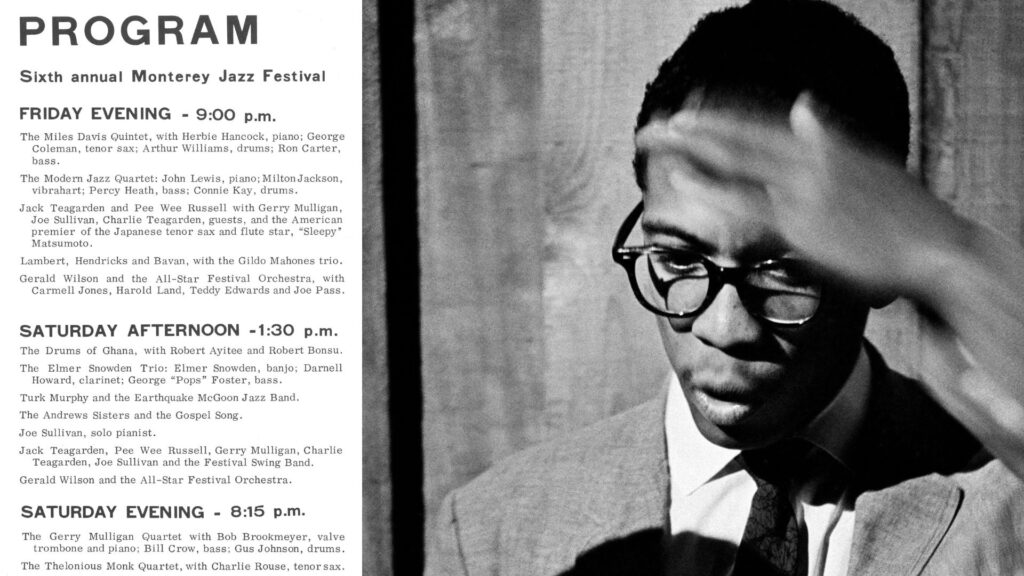 L: The Friday night lineup from the 1963 MJF Souvenir program. R: Herbie backstage in a pic taken by Jim Marshall. Tony Williams, only 17 at the time, was misidentified as Arthur Williams.